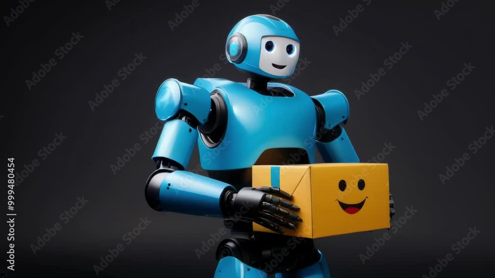A friendly blue robot presents a cheerful delivery box with a smiley face, symbolizing the future of robotics in logistics and customer service. The image combines a playful design with advanced A friendly blue robot presents a cheerful delivery box with a smiley face, symbolizing the future of robotics in logistics and customer service. The image combines a playful design with advanced