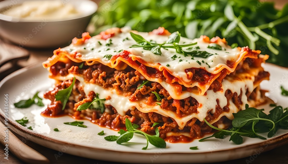 Homemade lasagna with minced beef bolognese and bechamel sauce topped wild arugula, parmesan cheese
Homemade lasagna with minced beef bolognese and bechamel sauce topped wild arugula, parmesan cheese