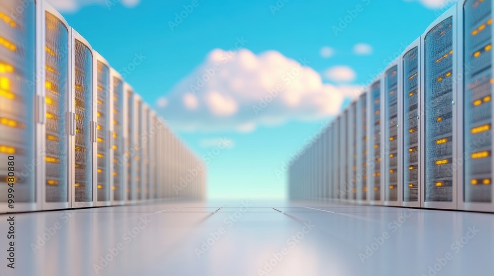 Data center with rows of servers connected to cloud computing infrastructure. Data center with rows of servers connected to cloud computing infrastructure.