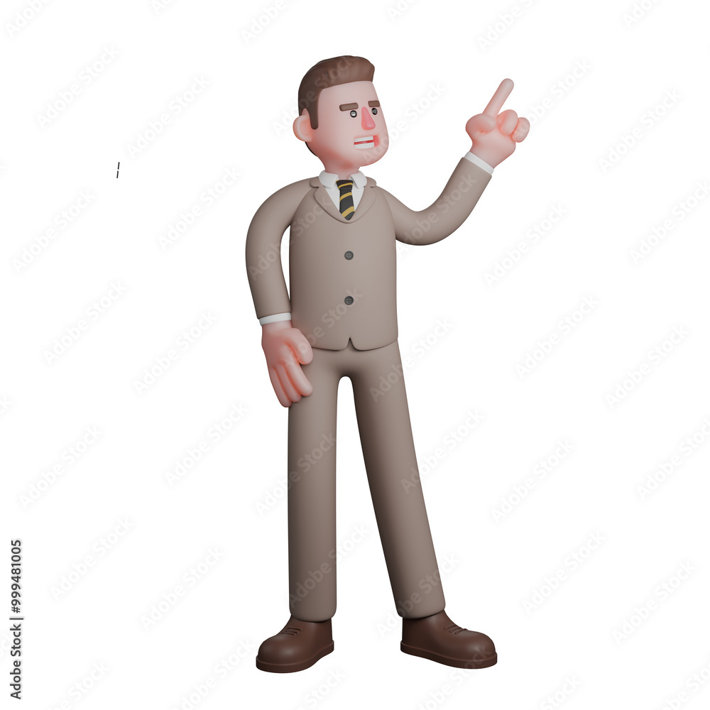 Fototapeta premium Male Lawyer 3D Professional. A male lawyer is seen standing with his left hand raised and his finger pointing to the side above, while his right hand is on his waist. Judicial Cartoon