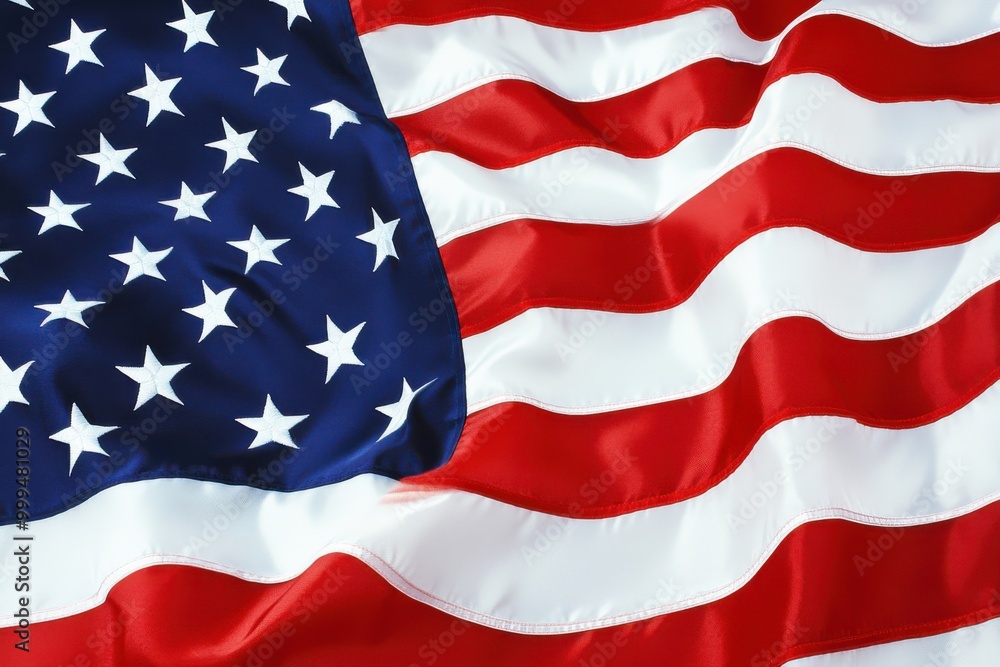 A close view of the waving American flag showcasing its red, white, and blue colors and stars representing the United States A close view of the waving American flag showcasing its red, white, and blue colors and stars representing the United States
