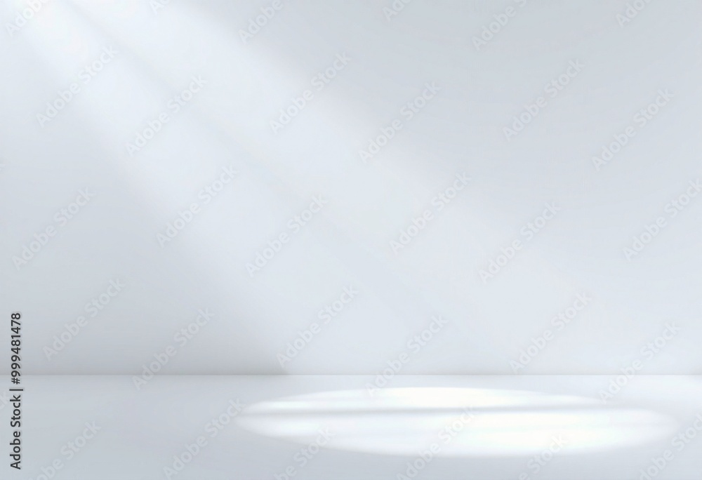 Minimalistic white room with light beams shining on floor.