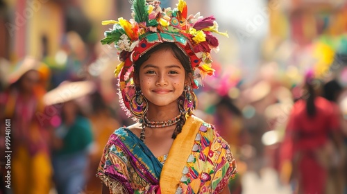 Vibrant Cultural Heritage: Model in Traditional Attire at Festive Street Event