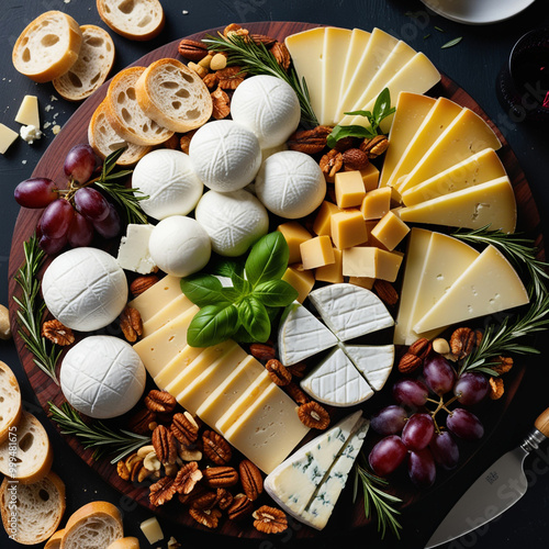 Photograph of elegant white goat cheese spheres, creamy mozzarella balls ,cheese board 