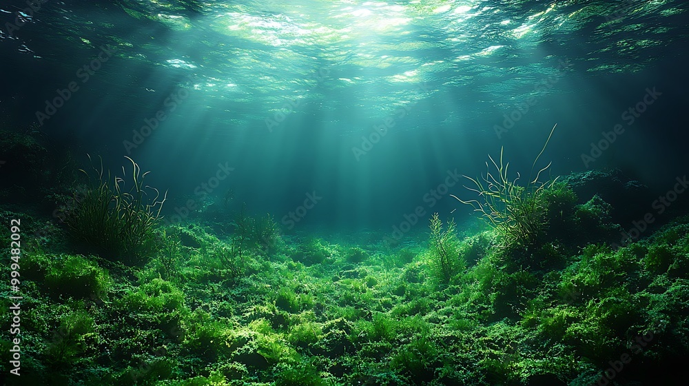 Obraz premium Underwater scene with sunbeams shining through the water, illuminating a bed of green seaweed on the ocean floor.
