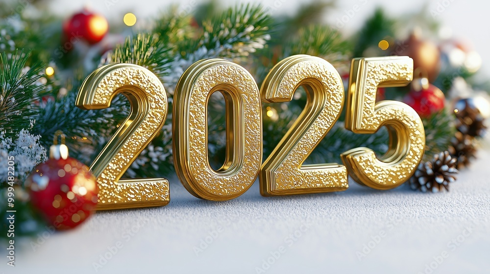 3D Font of text 2025 on New Year, Christmas ornament background 3D Font of text 2025 on New Year, Christmas ornament background