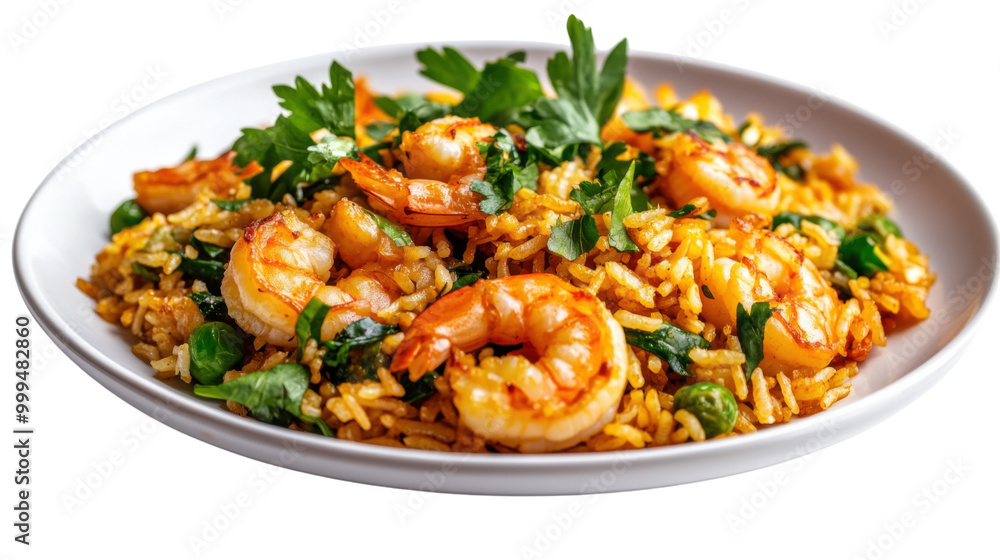 Shrimp fried rice with fresh herbs on a white plate, vibrant colors and textures. Shrimp fried rice with fresh herbs on a white plate, vibrant colors and textures.
