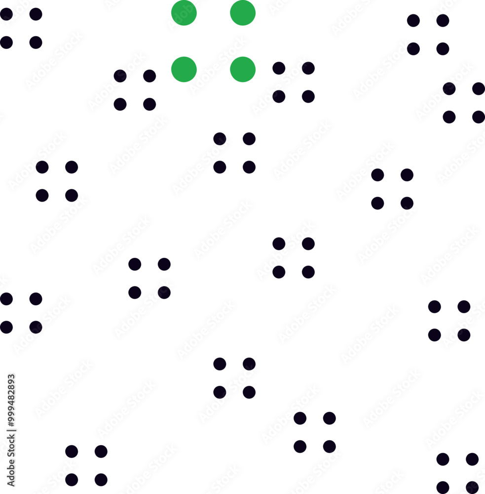 Groups of four dots are scattered randomly across the canvas. The largest green circles stand out among all the objects. Groups of four dots are scattered randomly across the canvas. The largest green circles stand out among all the objects.