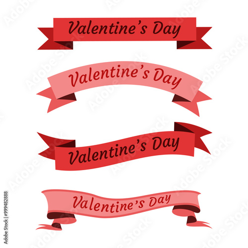 Set ribbon scroll red with text valentine's day. Banner isolated on transparent and white background. Vector holiday illustration. Element close-up for valentine design decoration. Ribbons pink.