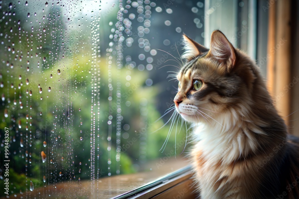 custom made wallpaper toronto digitalFluffy cat looking out rainy window with blurred background