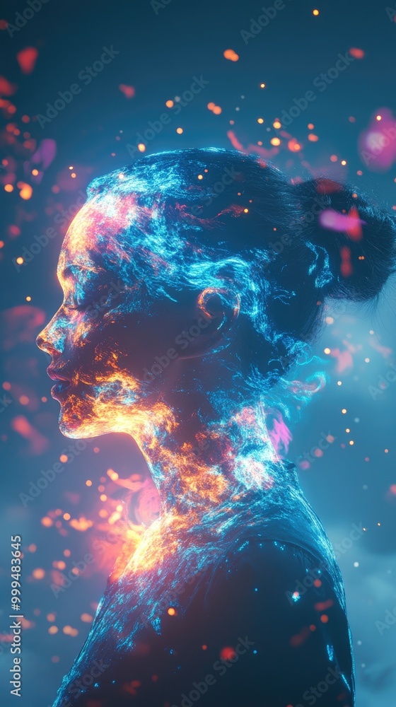 Futuristic Digital Art of a Woman's Profile with Neon Lights and Abstract Fire Elements in a Dark Background Futuristic Digital Art of a Woman's Profile with Neon Lights and Abstract Fire Elements in a Dark Background