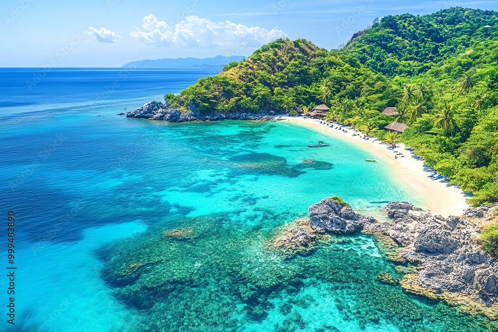 An aerial view of a tropical beach with crystal-clear turquoise water, a white sandy shore, lush green vegetation, and a few people enjoying the beautiful scenery. An aerial view of a tropical beach with crystal-clear turquoise water, a white sandy shore, lush green vegetation, and a few people enjoying the beautiful scenery.