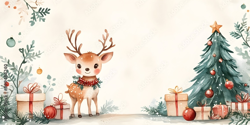 Naklejka premium Whimsical Watercolor Reindeer in Festive Christmas Scene with Ornaments and Gifts