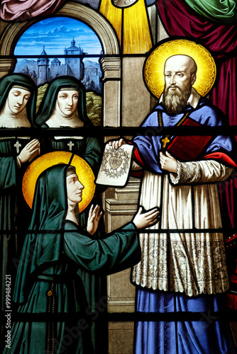 Saint François de Sales or Francis de Sales, presenting a drawing of the Sacred Heart of Jesus to the Sisters of the Visitation of Holy Mary (Visitandines). photo