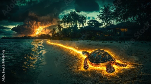   A radiant sea turtle lounges lazily on a sandy shore amidst a towering column of smoky fumes and a fiery abode behind it photo