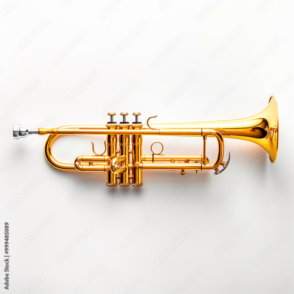 Obraz premium Golden trumpet with intricate details is isolated on white background. Concept of musical instruments and craftsmanship