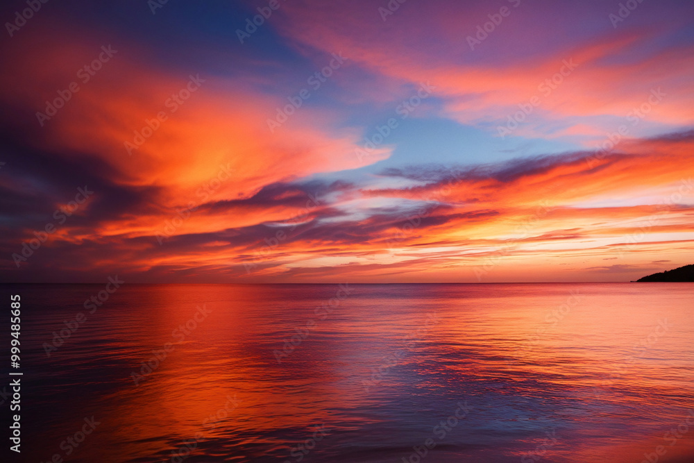 Fototapeta premium A breathtaking image of a vivid sunset casting warm hues of red, orange, and pink over the calm ocean waters. The vibrant colors blend seamlessly with the deep blue and purple of the sky