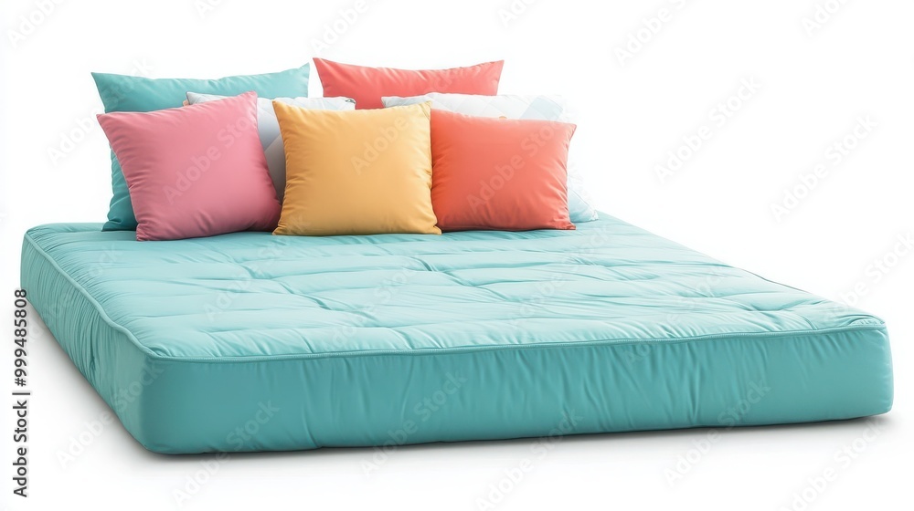 A bright turquoise mattress with soft pastel bedding and decorative pillows in various colors, isolated on a white background A bright turquoise mattress with soft pastel bedding and decorative pillows in various colors, isolated on a white background