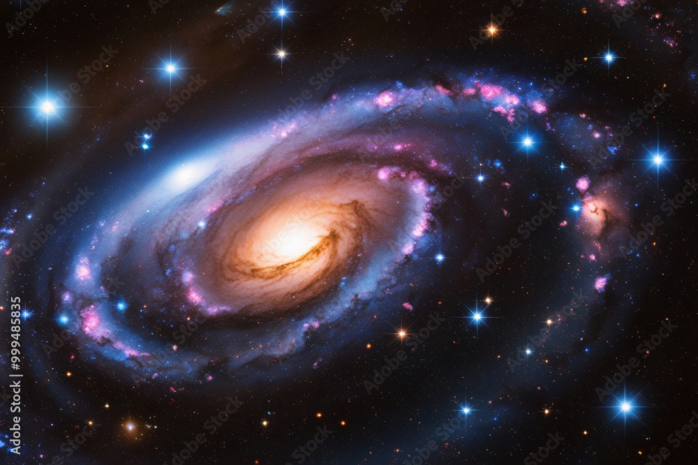 Fototapeta premium A mesmerizing view of a spiral galaxy glowing in the vastness of space. The bright galactic core radiates warm golden light, surrounded by swirling arms of blue, pink, and purple nebulae. Twinkling st