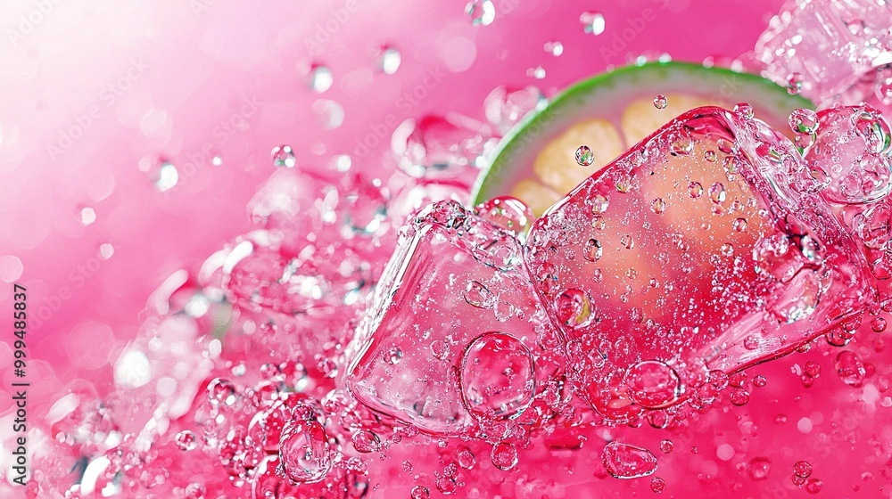 A close-up of a lime wedge in a glass of water, surrounded by bubble patterns against a pink and white backdrop A close-up of a lime wedge in a glass of water, surrounded by bubble patterns against a pink and white backdrop