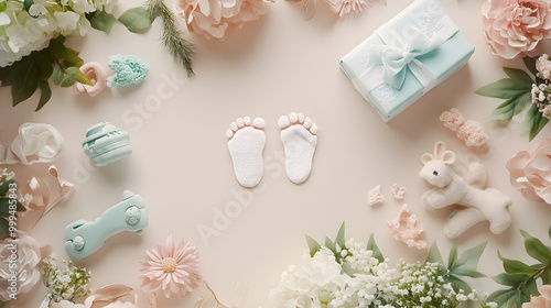 Baby footprint clay art with pastel gifts and flowers, newborn baby keepsake, unique baby shower gift, handmade baby decor, personalized baby footprint sculpture, nursery art photo