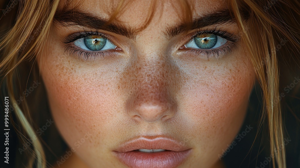 Close-up portrait of a person with striking green eyes and freckles. Close-up portrait of a person with striking green eyes and freckles.
