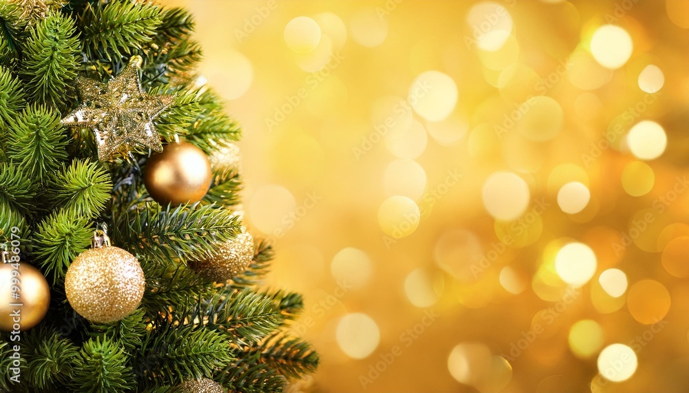 hübsch geschmückter Weihnachtsbaum auf der linken seite , goldener hintergrund hübsch geschmückter Weihnachtsbaum auf der linken seite , goldener hintergrund