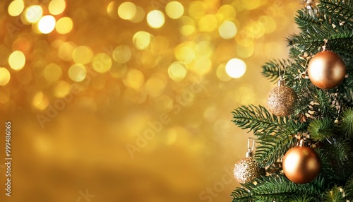 hübsch geschmückter Weihnachtsbaum auf der rechten seite , goldener hintergrund photo