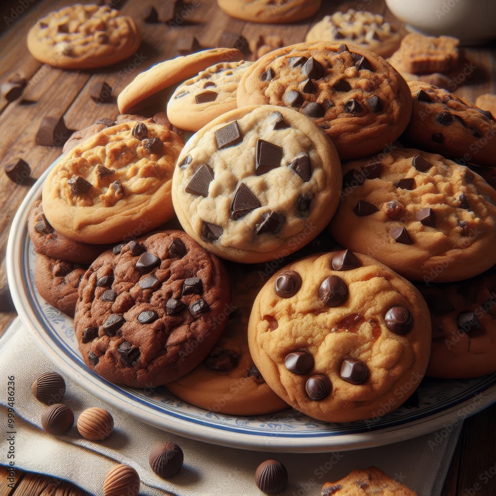 A delightful assortment of chocolate chip cookies arranged on a plate in a cozy, rustic setting. Different types of cookies with chocolate chunks are presented, surrounded by chocolates and a wooden A delightful assortment of chocolate chip cookies arranged on a plate in a cozy, rustic setting. Different types of cookies with chocolate chunks are presented, surrounded by chocolates and a wooden