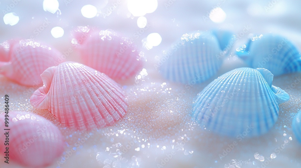 A group of pink and blue seashells rest atop a white sand-covered beach beside a waterbody A group of pink and blue seashells rest atop a white sand-covered beach beside a waterbody