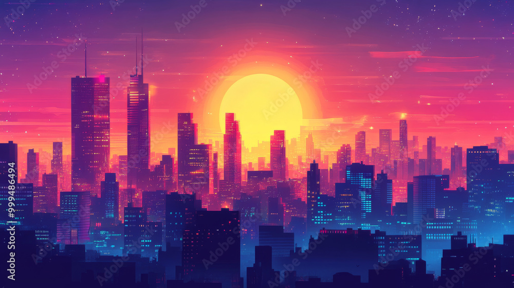 Fototapeta premium A vibrant, cartoon-style background showing a city skyline.