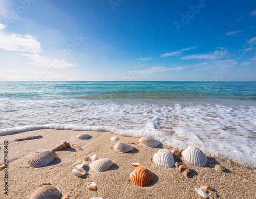 A serene tropical beach with golden sand, gentle waves lapping the shore, under a bright blue sky dotted with fluffy clouds photo