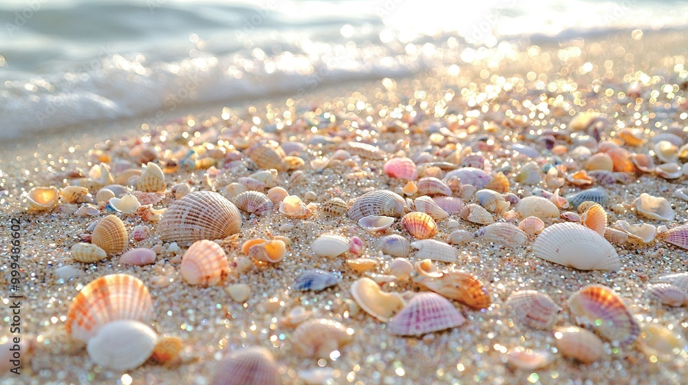 A few seashells lie on the sandy beach shore, surrounded by the gentle ocean waves A few seashells lie on the sandy beach shore, surrounded by the gentle ocean waves