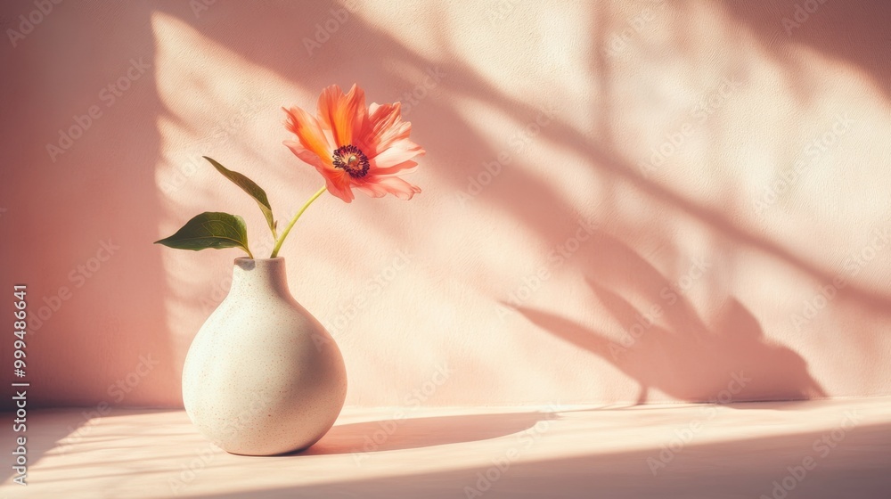 Minimalist flower in a simple ceramic vase with soft light casting delicate shadows on the background Minimalist flower in a simple ceramic vase with soft light casting delicate shadows on the background