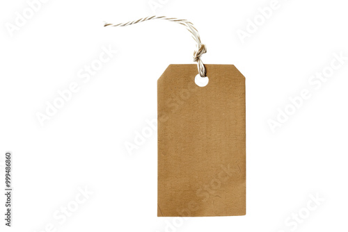 Blank kraft paper tag with twine isolated on transparent background