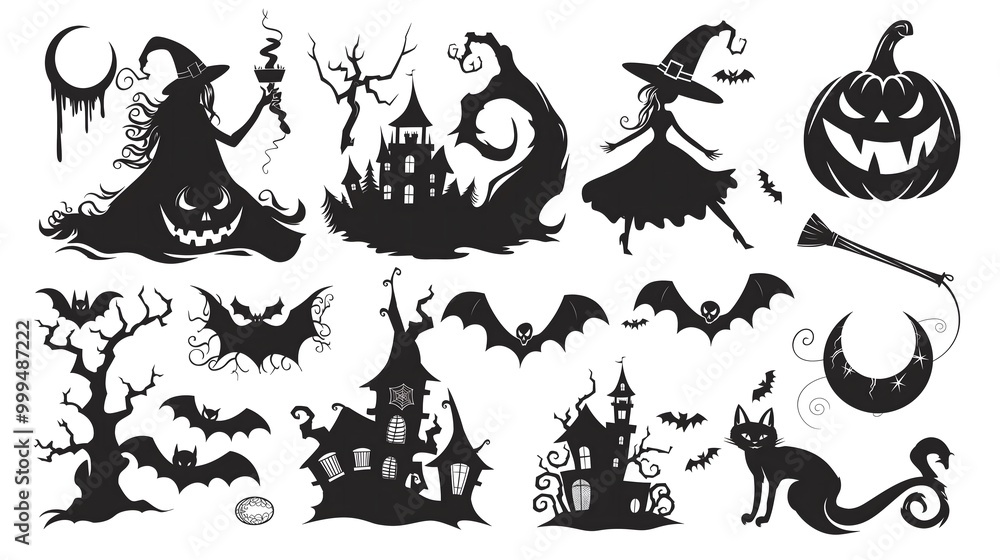 Cute cartoon halloween silhouette set for Halloween design Cute cartoon halloween silhouette set for Halloween design