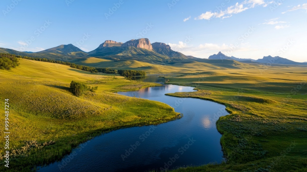 Serene Landscape with River and Mountains at Sunset Serene Landscape with River and Mountains at Sunset