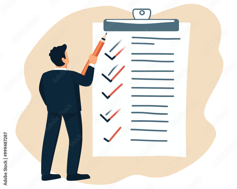 Confident Businessman Completing Tasks Checklist, Business Strategy and Responsibility Management Concept, Flat Minimalist Vector Illustration Confident Businessman Completing Tasks Checklist, Business Strategy and Responsibility Management Concept, Flat Minimalist Vector Illustration