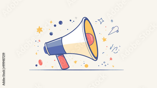Colorful Megaphone Illustration with Abstract Elements Representing Communication, Announcement, and Advocacy Concepts