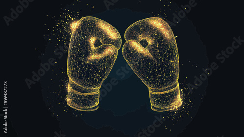 Low Poly Boxing Gloves with Golden Dust Effect, Sparkle Stardust, Glittering Vector, Polygonal Wireframe, Dark Background, Dots and Lines, Minimalist SVG, Sports Illustration