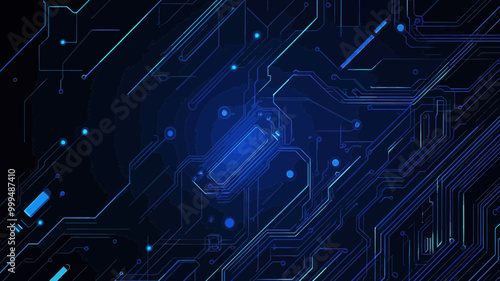 Blue Circuit Trace Lines on Dark Technology Background - Abstract Digital Tech Illustration of Chip and Circuit Board - Electronics and Computer Concept Design