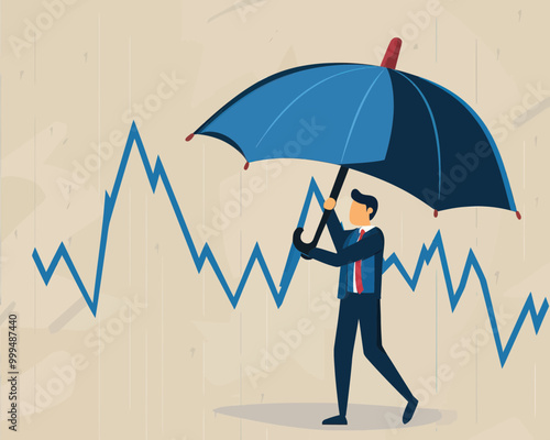 Businessman Holding Umbrella to Shield from Economic Downturn Illustrating Market Resilience in Financial Crisis, Minimalist Flat Vector