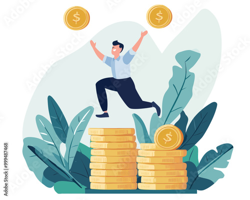 Happy Businessman Investor Jumping on Growing Stack of Coins Representing Compound Interest and Investment Growth for Financial Prosperity in Flat Minimalist SVG Vector