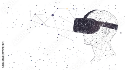 Abstract Virtual Reality Technology Concept with Starry Sky Background, Line and Point Mash Art, Minimalist SVG Vector Illustration