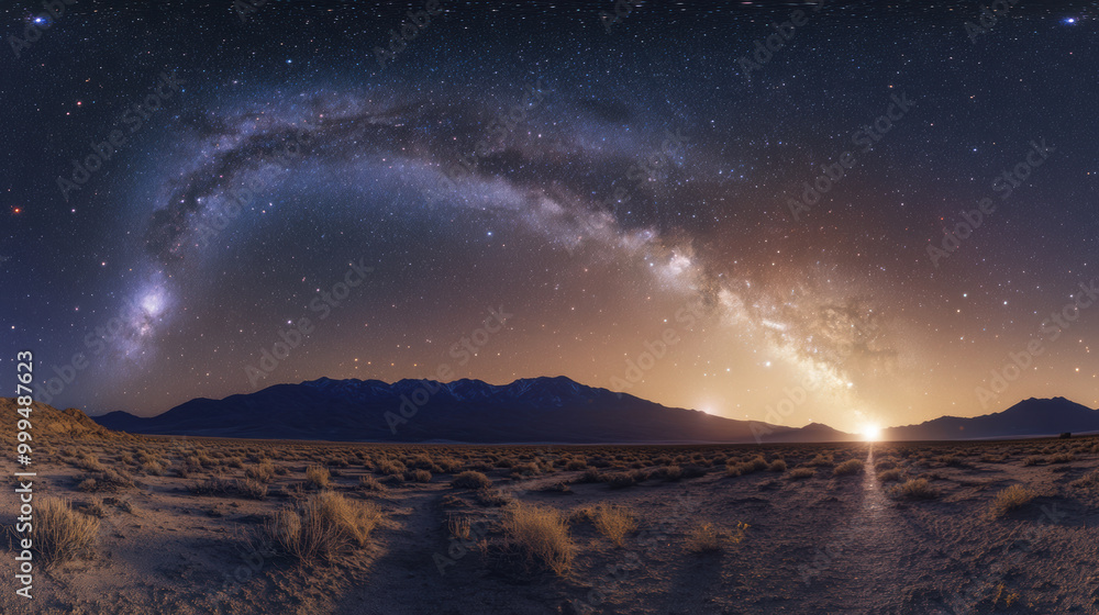 Fototapeta premium breathtaking cosmic landscape featuring stunning view of Milky Way arching across night sky, illuminated by countless stars. serene desert foreground adds to beauty of this celestial scene
