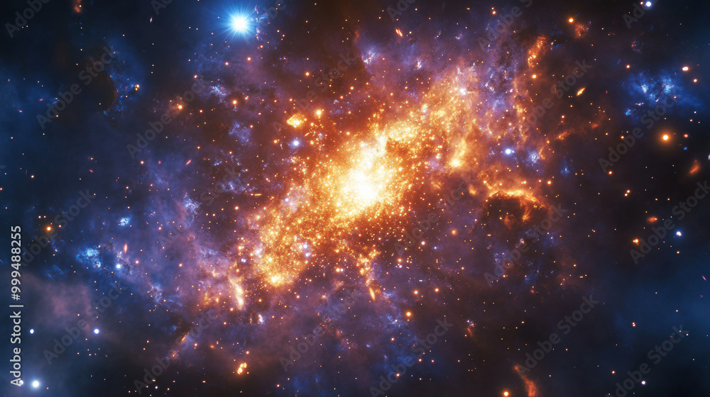 stunning image of starburst galaxy, showcasing vibrant colors and dynamic energy in cosmos. bright orange and yellow hues contrast beautifully with deep blues and purples of space, creating stunning image of starburst galaxy, showcasing vibrant colors and dynamic energy in cosmos. bright orange and yellow hues contrast beautifully with deep blues and purples of space, creating
