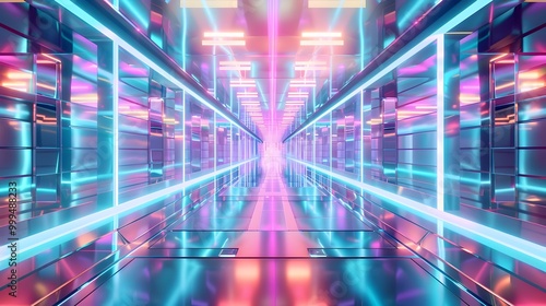 Kaleidoscopic Color Field of Geometric Prism Shapes in a High-Tech Showroom: A Hyper-Stylized Futuristic Aesthetic