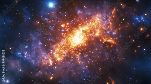 stunning image of starburst galaxy, showcasing vibrant colors and dynamic energy in cosmos. bright orange and yellow hues contrast beautifully with deep blues and purples of space, creating