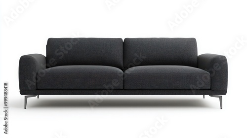 A modern minimalist sofa with slim metal legs and charcoal gray fabric, isolated on a white background 