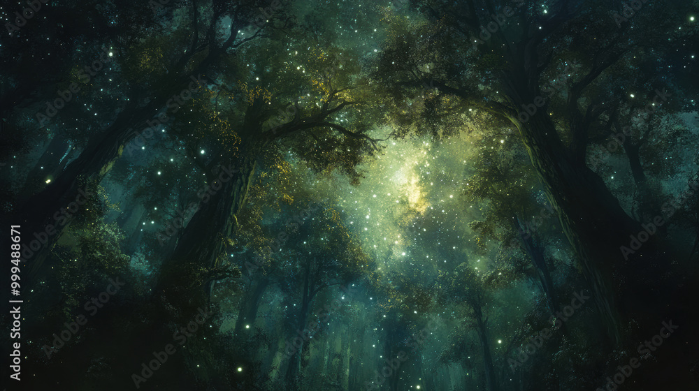Obraz premium night scene of dense forest illuminated by stars and Milky Way, creating magical and serene atmosphere. trees tower majestically, surrounded by twinkling lights